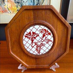 70's Footed teak Wood Cheese and Charcuterie Board with Ceramic Inlay teak